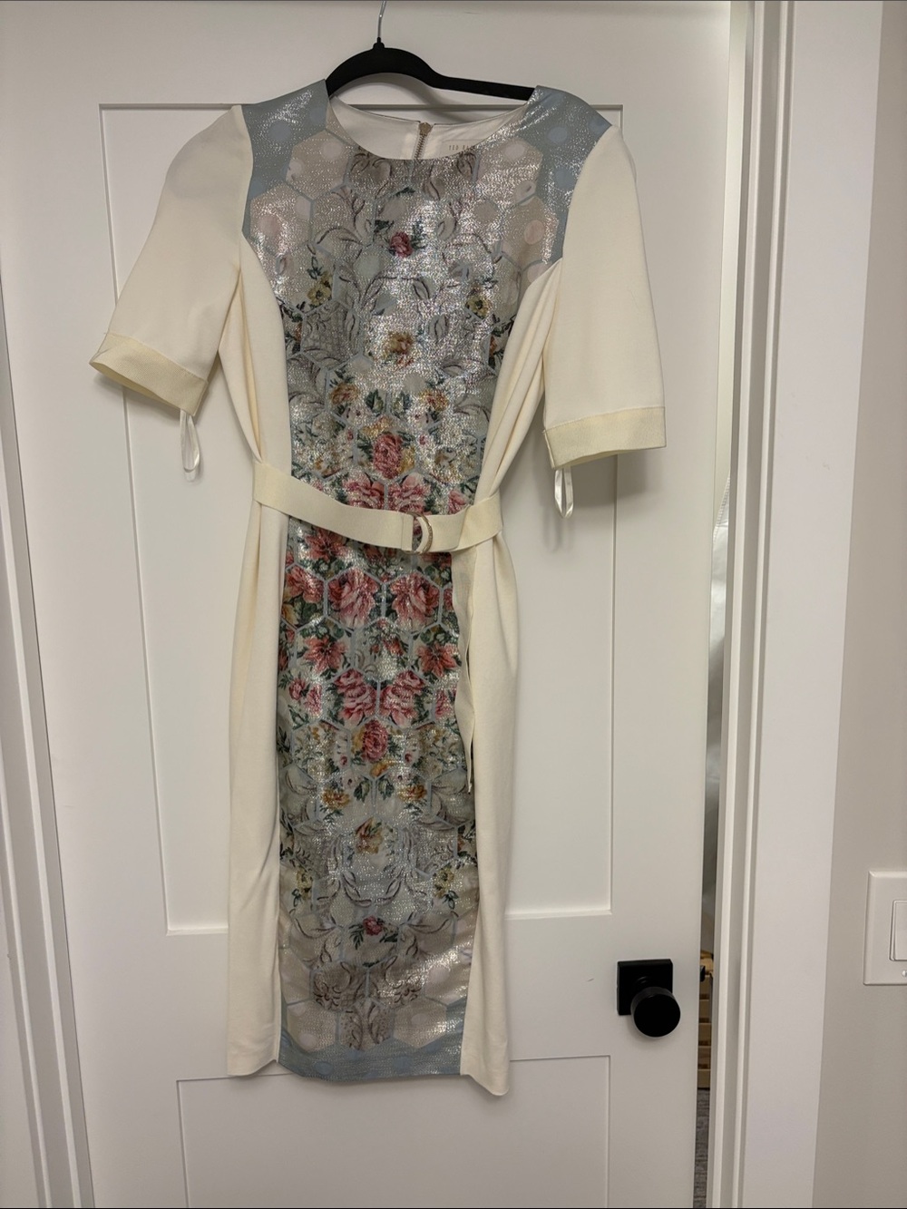 Ted Baker Cream Floral Panel Belted Sheath Dress